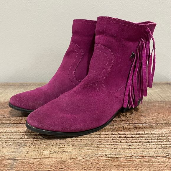 Sam Edelman Magenta Pink Louie Fringe Booties Suede Leather Girls/Kids Size 5 - Picture 1 of 11